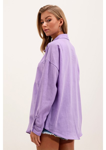 20153 Tek Cepli Oversize Keten Gömlek - Lila