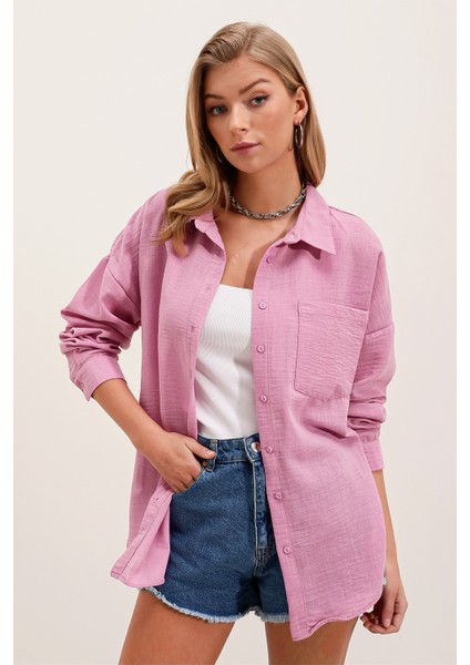 20153 Tek Cepli Oversize Keten Gömlek - Pudra fiyatları
