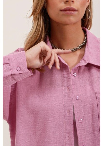 20153 Tek Cepli Oversize Keten Gömlek - Pudra fırsatları