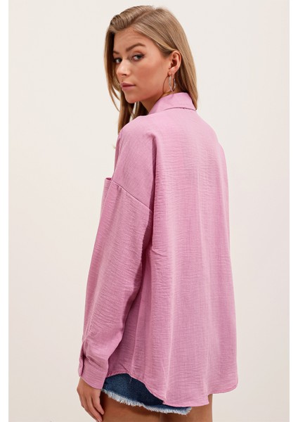 20153 Tek Cepli Oversize Keten Gömlek - Pudra indirimleri