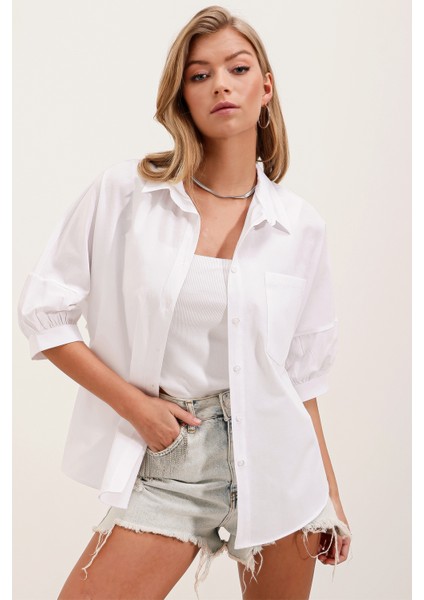 20213 Oversize Kısa Kol Basic Gömlek - Beyaz