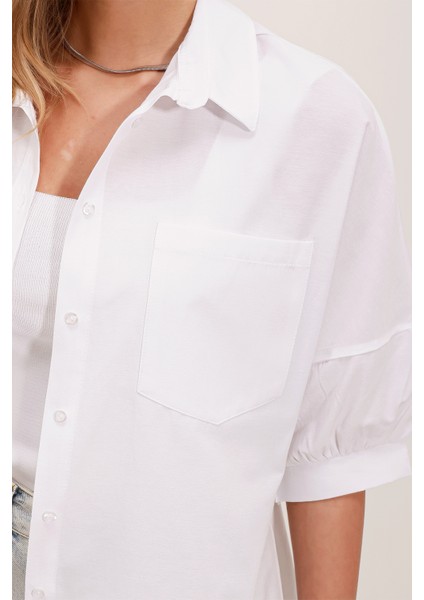 20213 Oversize Kısa Kol Basic Gömlek - Beyaz modelleri