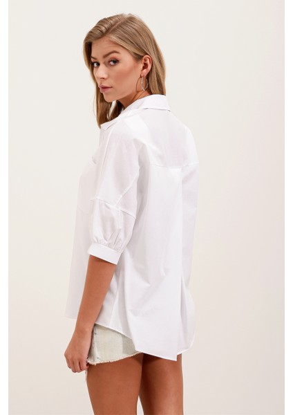20213 Oversize Kısa Kol Basic Gömlek - Beyaz indirimleri