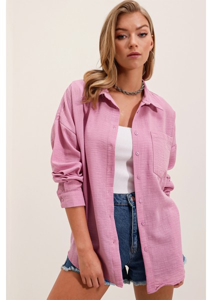 20153 Tek Cepli Oversize Keten Gömlek - Pudra