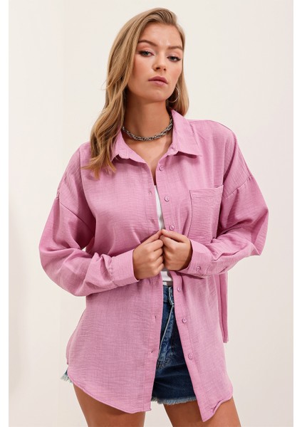 20153 Tek Cepli Oversize Keten Gömlek - Pudra modelleri
