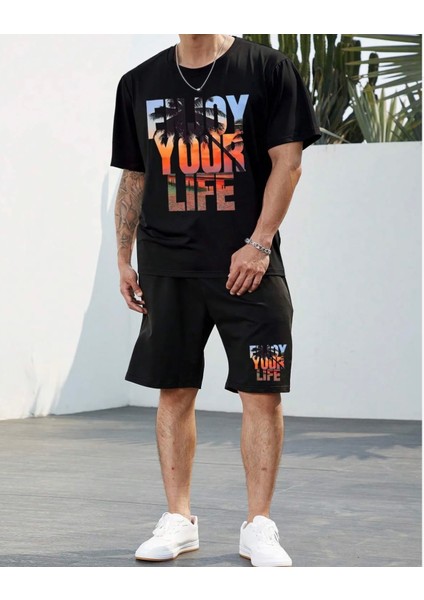 Büyük Beden Enjoy Your Life Baskılı Oversize Erkek T-Shırt Şort Takımı