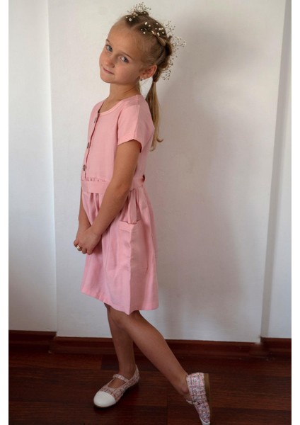 Kız Çocuk Keten Elbise Düğmeli Yanları Cepli 6-12 Yaş, Pembe