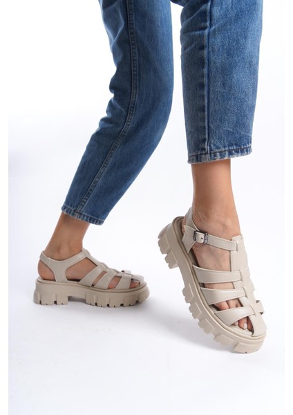 Kadın Petra Krem Deri Yüksek Taban Kafes Model Sandalet 950