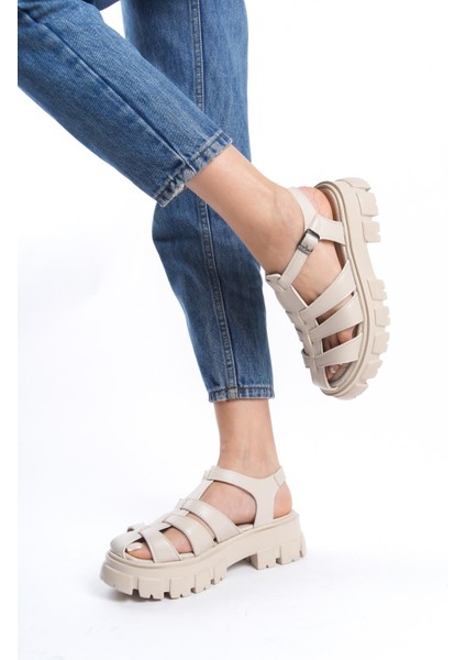 Kadın Petra Krem Deri Yüksek Taban Kafes Model Sandalet 950