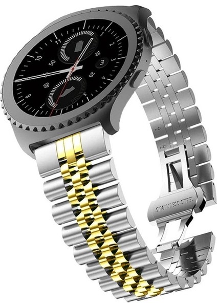Samsung Galaxy Watch Uyumlu Kordon Paslanmaz Metal Klipsli Rolex Kayış, Gümüş-Gol