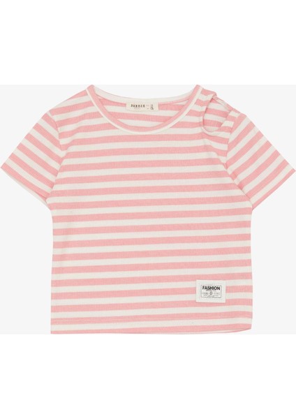 Kız Çocuk Tişört Omuz Detaylı Armalı Kemer Boy 9-14 Yaş, Pembe