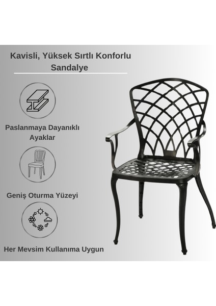 Ferforje Görünümlü Plastik Siyah Masa ve Sandalye, Bahçe, Balkon ve Dış Mekanda Kullanılabilir, 2 Yıl Garantili, 150KG Taşıma Kapasiteli, Plastik Oval Masa ve Sandalye Takımı