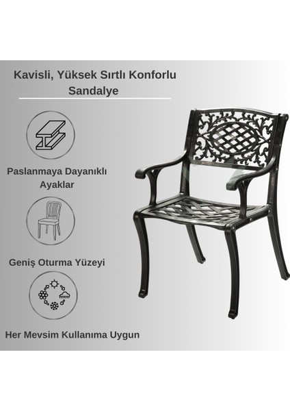 Ferforje Görünümlü Plastik Siyah Masa ve Sandalye, Bahçe, Balkon ve Dış Mekanda Kullanılabilir, 2 Yıl Garantili, 150KG Taşıma Kapasiteli, Plastik Kare Masa ve Sandalye Takımı