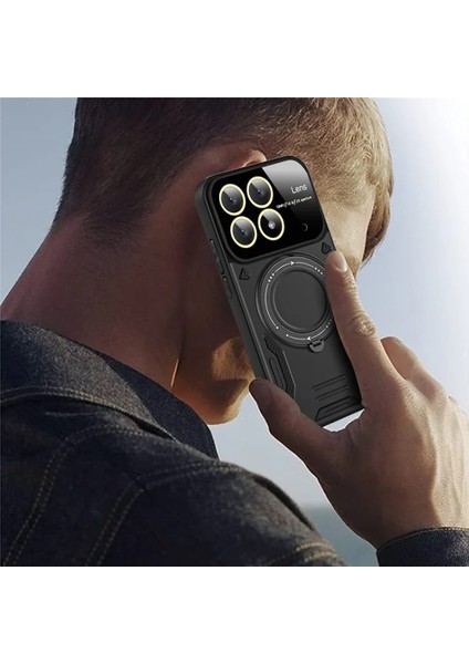 Xiaomi Poco X6 Pro Kılıf Magsafe Dönebilen Halkalı Standlı Tam Kamera Lens Korumalı Gold Detaylı Military