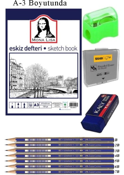 Eskiz Defteri A3 50 Yaprak Karakalem Çizim Seti Hamur Silgi Faber Castell Dereceli Kalem Hobi Tasarım Seti