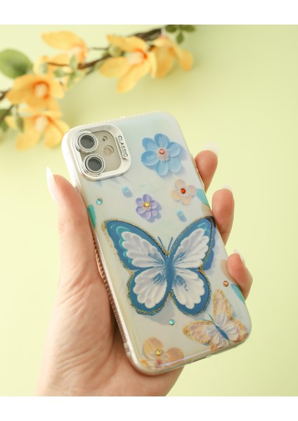 Paladyum Case iPhone 11 Uyumlu Lens Korumalı Simli Kelebekli Çiçekli Kılıf