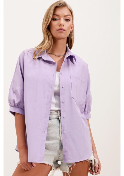 20213 Oversize Kısa Kol Basic Gömlek - Lila