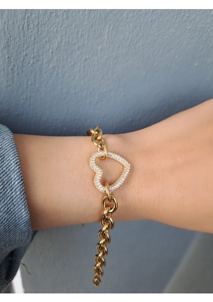 316L Çelik Kararmaz Kalp Model Zirkon Taşlı Altın Gold Renk Zincir Bileklik