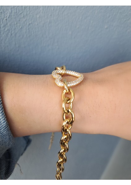 316L Çelik Kararmaz Kalp Model Zirkon Taşlı Altın Gold Renk Zincir Bileklik fiyatları