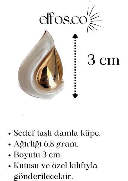 Calliope Beyaz Sedef Taşlı Gold Altın Damla Tasarım Küpe