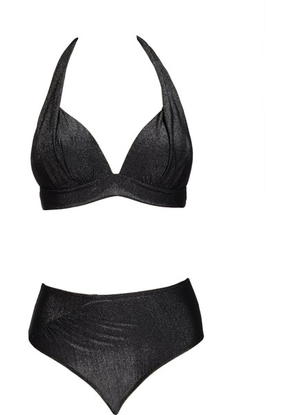Kadın Yarım Dolgulu Simli Siyah Bikini Takımı