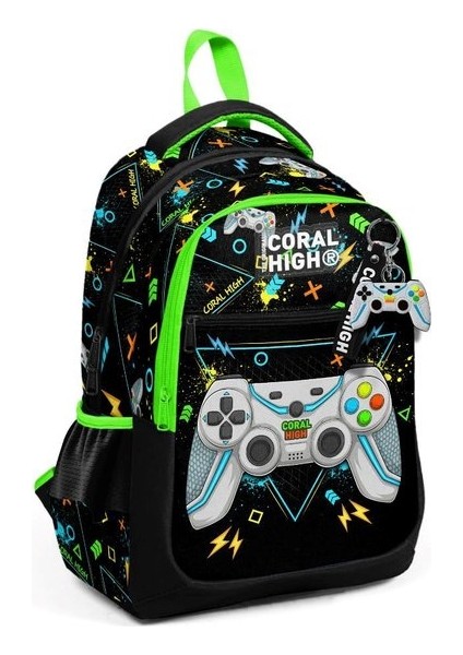 Siyah Fosforlu Yeşil Gamer Desenli Üç Bölmeli Okul Sırt Çantası 23654