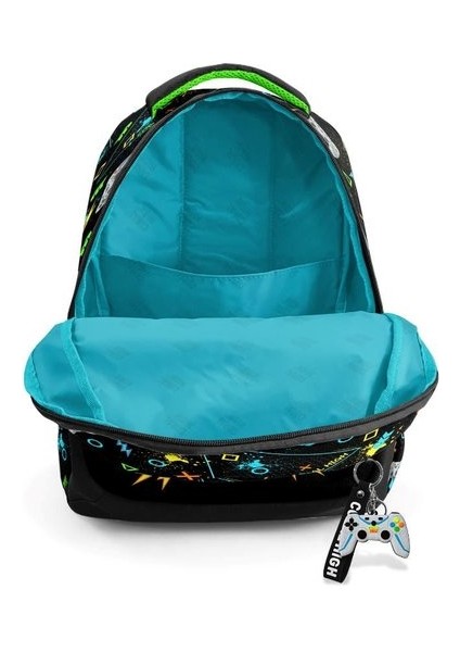 Siyah Fosforlu Yeşil Gamer Desenli Üç Bölmeli Okul Sırt Çantası 23654 modelleri