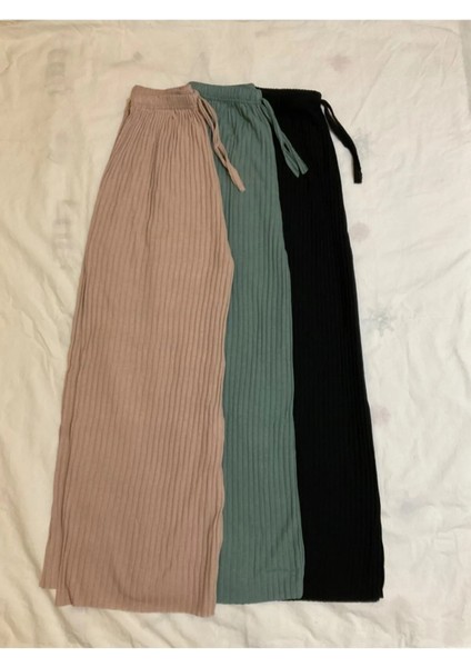 3'lü Siyah - Bej - Yeşil Kadın Fitilli Rahat Pantolon & Eşofman Gündelik Rahat Ev Giyim Pijama