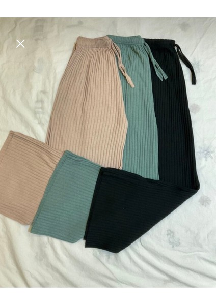 3'lü Siyah - Bej - Yeşil Kadın Fitilli Rahat Pantolon & Eşofman Gündelik Rahat Ev Giyim Pijama