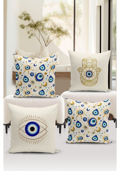 Nazar Serisi Çift Tarafı Dijital Baskılı 4'lü Kırlent Kılıfı Seti (Evil Eye Cushion Cover)