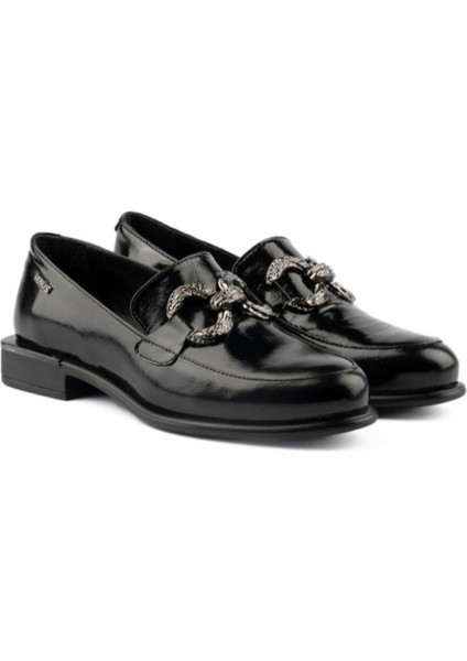 2050132Y Kadın Tokalı Siyah Deri Loafer Ayakkabı