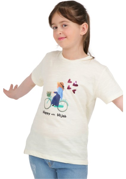 Kız Çocuk Kısa Kollu T-Shirt Bisiklet Yaka Bisiklet Kalp Hijab Baskılı Fırfırlı