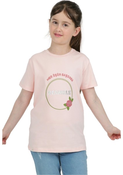 Kız Çocuk Kısa Kollu T-Shirt Bisiklet Yaka Islami Besmele Baskılı Fırfırlı