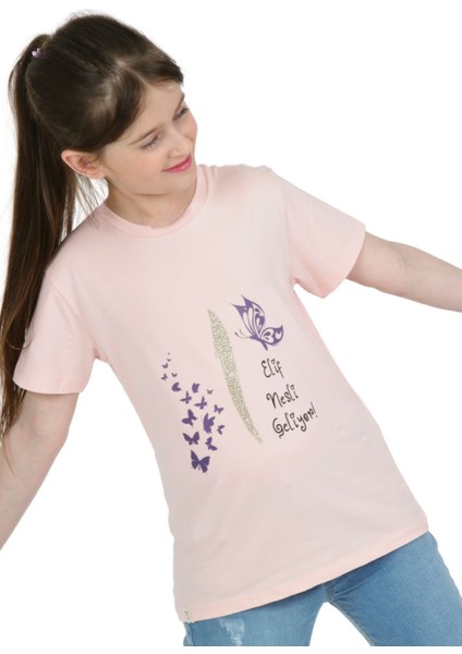 Kız Çocuk Kısa Kollu T-Shirt Bisiklet Yaka Islami Lila Elif Nesli Baskılı