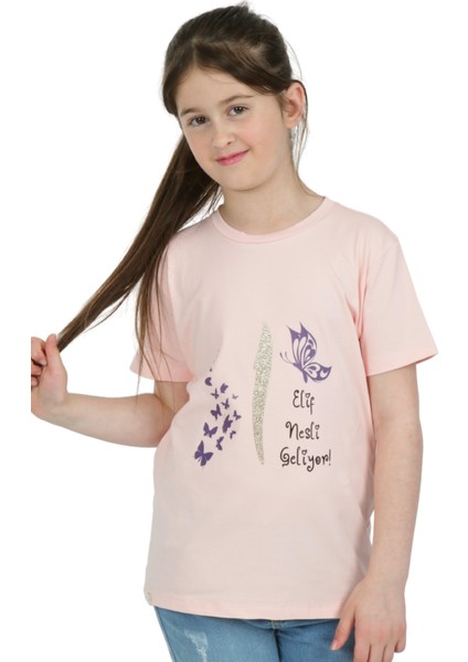 Kız Çocuk Kısa Kollu T-Shirt Bisiklet Yaka Islami Lila Elif Nesli Baskılı fırsatları