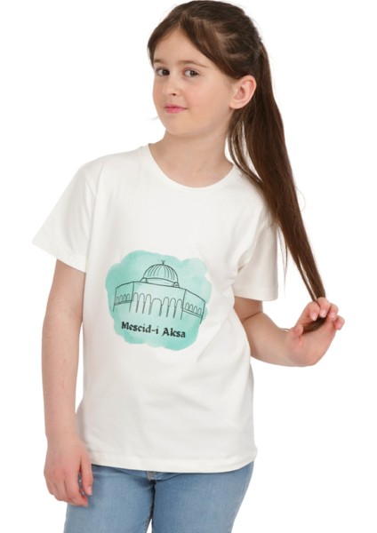 Kız Çocuk Kısa Kollu Bisiklet Yaka Kudüs Mescid-I Aksa Baskılı T-Shirt