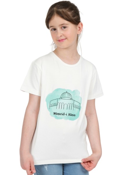 Kız Çocuk Kısa Kollu Bisiklet Yaka Kudüs Mescid-I Aksa Baskılı T-Shirt