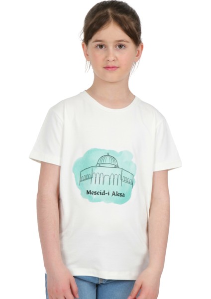 Kız Çocuk Kısa Kollu Bisiklet Yaka Kudüs Mescid-I Aksa Baskılı T-Shirt