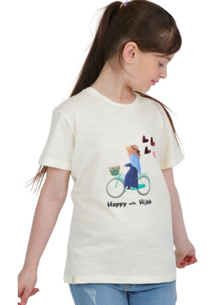 Kız Çocuk Kısa Kollu T-Shirt Bisiklet Yaka Bisiklet Kalp Hijab Baskılı Fırfırlı