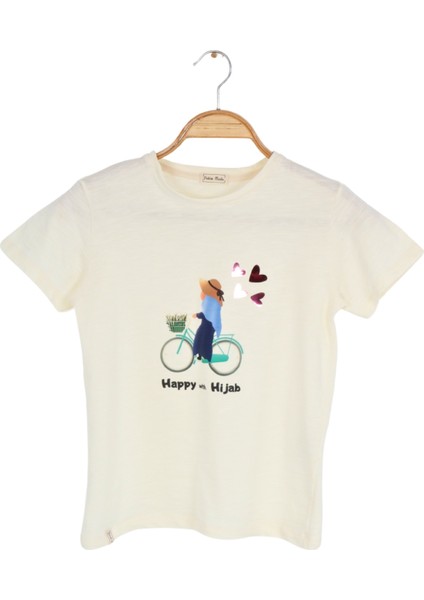 Kız Çocuk Kısa Kollu T-Shirt Bisiklet Yaka Bisiklet Kalp Hijab Baskılı Fırfırlı