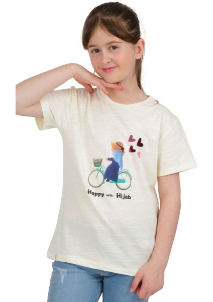 Kız Çocuk Kısa Kollu T-Shirt Bisiklet Yaka Bisiklet Kalp Hijab Baskılı Fırfırlı