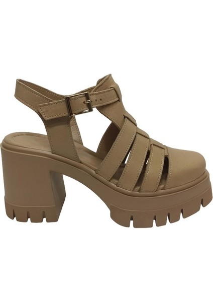 Bej Deri Kadın Platform Sandalet Ayakkabı