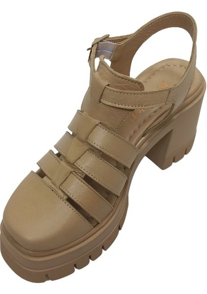 Bej Deri Kadın Platform Sandalet Ayakkabı modelleri