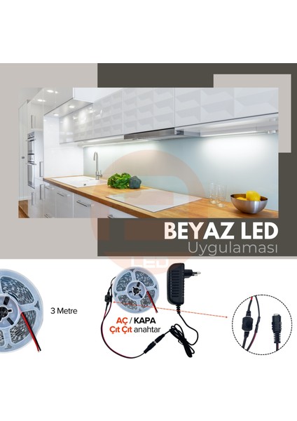 12V Yüksek Parlaklık 4040 Şerit LED Tak Çalıştır Hazır Set, 3 Metre Beyaz , Çıt Çıt Aç-Kapa Anahtar ve Adaptör Dahil, Gizli Aydınlatma, Mutfak, Tezgah, Dolap İçi ve Ayna İçin