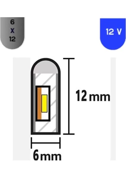 12 Volt 6X12 mm 120 Ledli Esnek Neon LED Mavi Işık 5 Metre IP65