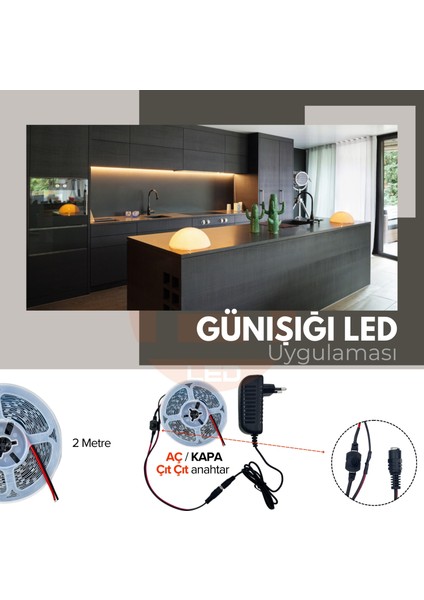 Amber LED 12V Yüksek Parlaklık 4040 Şerit LED Tak Çalıştır Hazır Set, 2 Metre Günışığı , Çıt Çıt Aç-Kapa Anahtar ve Adaptör Dahil, Gizli Aydınlatma, Mutfak, Tezgah, Dolap İçi ve Ayna İçin