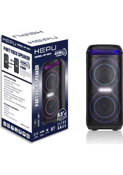 Hepu Hp 964 Taşınabilir Şarjlı 6.5 Inc *2 Rms 40 W Bluetooth Parti Hoparlörü