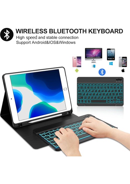 Apple iPad 9. Nesil 10.2 Inc (2021) Rgb LED Işıklı Türkçe Karakterli Bluetooth Özellikli Kalemlikli Klavyeli Kılıf A2602 A2604 A2603 A2605