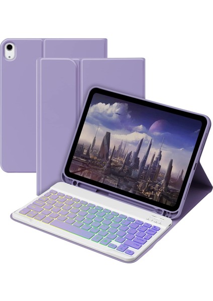 Apple iPad Air 5. Nesil 10.9 Inc (2022) Rgb LED Işıklı Türkçe Karakterli Bluetooth Özellikli Kalemlikli Klavyeli Kılıf A2588 A2589 A2591