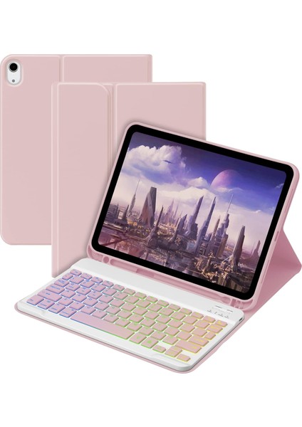 Apple iPad 10. Nesil 10.9 (2022) Rgb LED Işıklı Türkçe Karakterli Bluetooth Özellikli Kalemlikli Klavyeli Kılıf A2696 A2757 A2777 A3162